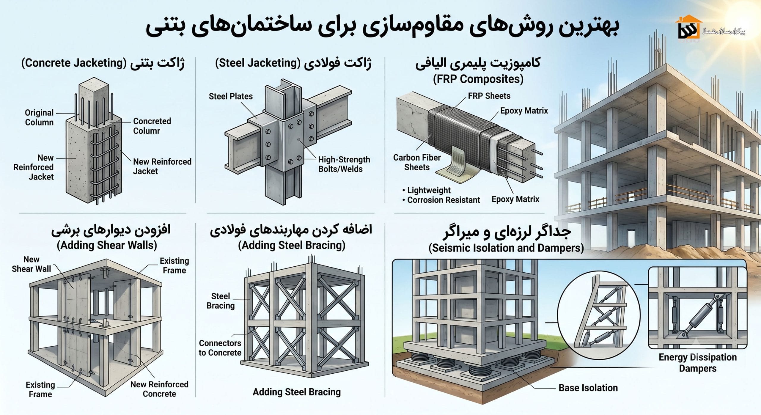روش های مقاوم سازی ساختمان؛ راهنمای کامل انتخاب بهترین 4 بهترین روش مقاوم سازی برای ساختمان بتنی